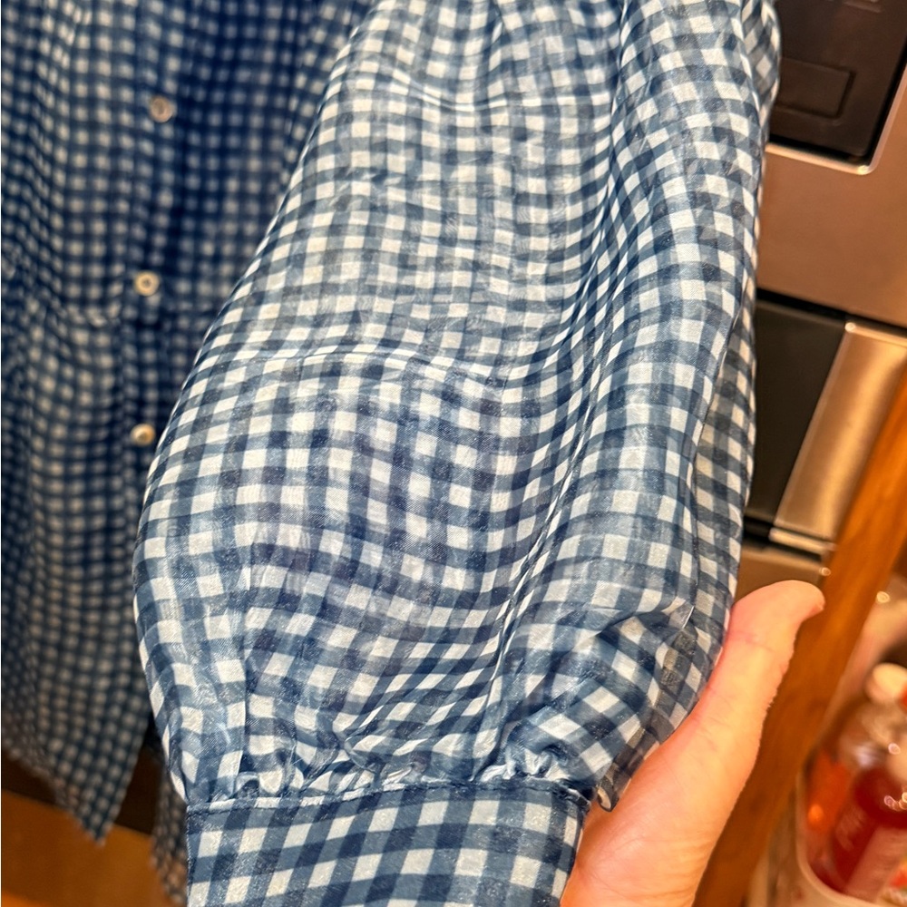 Listicle navy plaid button-down sheer tiered mini dress with puff sleeves.  Sz M - Picture 15 of 15